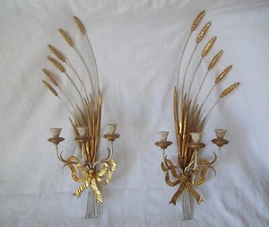 Pair of vintage Hollywood Regency gilt cattail sconces 3 Arm Candelabras 34"Tall - Picture 1 of 23