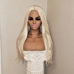 Long Straight platinum White blonde Lace Front Wig Human Hair Blend - Picture 1 of 5
