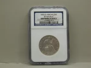 1855 O FRECCE ARGENTO SEDUTO MEZZO DOLLARO SS REPUBBLICA NGC EFFETTO NAUFRAGIO - Foto 1 di 4