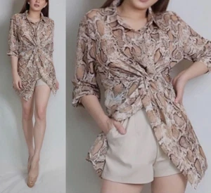 ANIMAL PRINTED CINCHED FRONT BLOUSE - Picture 1 of 3