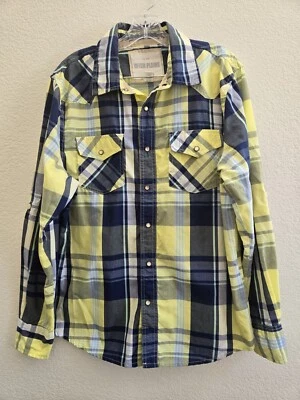 Ditch Plains Shirt Men L Blue Yellow Plaid Roll Up L/S Button Up Pocket Western - Image 1 of 4