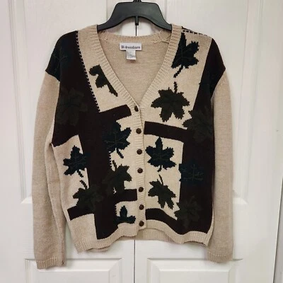 Dressbarn Womens Cardigan Size Large Tan & Brown W/ Green Leaves Button Front - Image 1 of 4