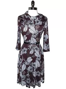 NEW ROBBIE BEE Sz Petite L A-Line Dress Black Grey Wine Floral Long Sleeve Belt - Picture 1 of 6