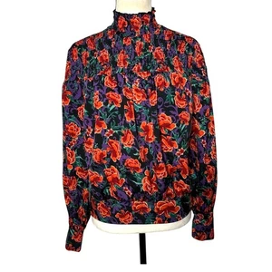 Calligraphie Langarm Blumen Bluse Seersucker Rüschen High Neck Blouson XS - Bild 1 von 16