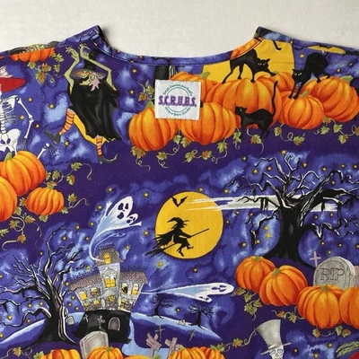 S.C.R.U.B.S. Scrub Top Sz Large Halloween Purple Witch Bat Graveyard (1 Pocket) - Image 1 of 4
