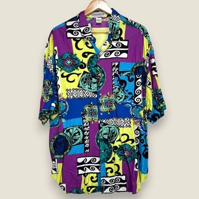 Vintage Unionbay Abstract Print 90s Short Sleeve Button Shirt Men XL Purple Blue - Image 1 of 4