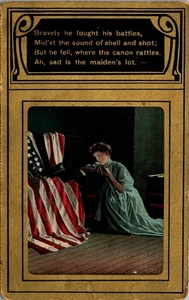 Vintage Military Postcard WWI Patriotic Widow Mourning 1915 American Flag Poem - Picture 1 of 3