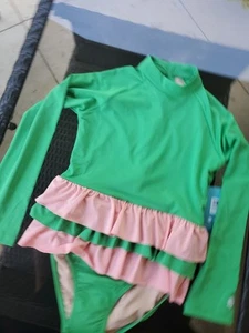NWT Coolibar Girls Kailani Rash Guard Swimsuit Large UPF 50+ Green Pink Ruffle  - Picture 1 of 6