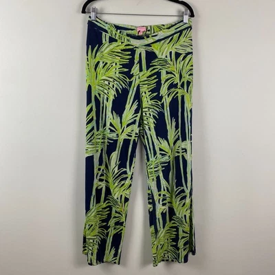 Lilly Pulitzer Silk Wide Leg Pull On Pants Size Large Navy Green Tropical Print - Image 1 of 4