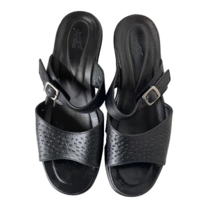Dansko Sandals 7.5-8 EU 38 Annabel LEATHER Wedge Slip-On Slides 2 Straps Black - Picture 1 of 11