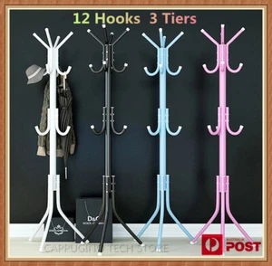 12 Hook 3-Tier Hat Coat Clothes Rack Umbrella Stand Tree Style Steel Hanger New - Picture 1 of 15