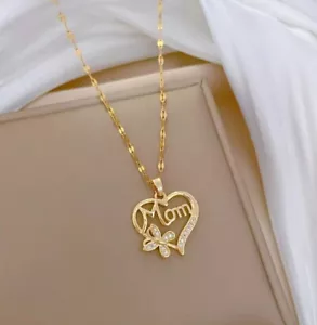 Damen Halskette Herz Liebe Mama Mom Schmetterling Gold Anhänger Geschenk - Bild 1 von 5