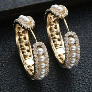 3Ct Round Cut Natural Pearl Women's Huggie Hoop Earrings 14K Yellow Gold Plated - Picture 1 of 6