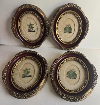 4 SET MATCHING BEAUTIFUL VINTAGE OVAL WOOD PICTURE FRAME NEEDLEPOINT UNDER GLASS Foto 1 de 4