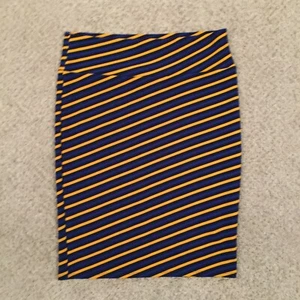 LuLaRoe Cassie Skirt XL Blue Gold Black Striped Pencil Knee Length Pull On - Picture 1 of 9
