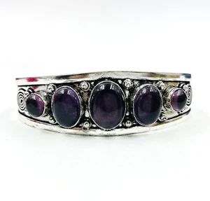 925 Sterling Silver Purple Amethyst Gemstone Jewelry Handmade Cuff Bracelet - Picture 1 of 5