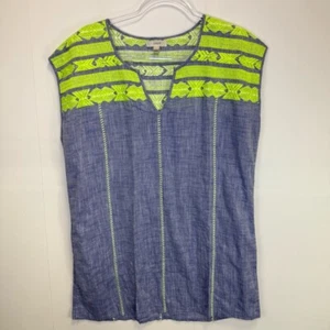 J. Crew Neon Stickerei Chambray Leinenmischung Überwurf Tunika Resortwear Kreuzfahrt - Bild 1 von 11