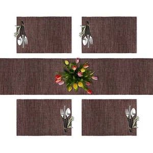 Basketweave Runner 72" X12" & 4 Placemats 18" X12" Set Of 5 Vinyl Table Mats - Picture 1 of 8