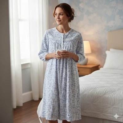 Camisón Eileen West Azul Floral Polar XL Acogedor Cálido Suave Manga Larga Prendas para dormir Foto 1 de 4