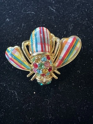 Vintage Joan Rivers Bee Pin Classic Collection Enamel Plaid , Colored Crystals - Image 1 of 4