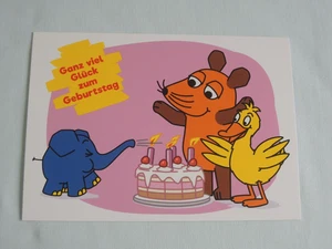 1 Postkarten Die Sendung mit der Maus Ente Elefant pustet Kerzen aus Geburtstag - Picture 1 of 2