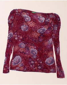 BENETTON Womens Top Long Sleeve UK 12 Medium Maroon Check AE09 - Picture 1 of 3