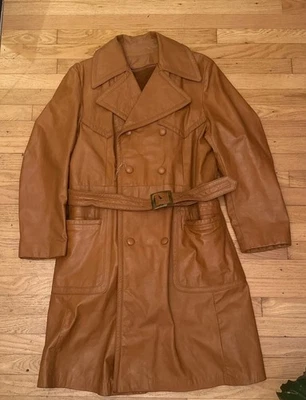 Vintage Leather Trench Coat Mens 44 Double Breasted Belted Classic 1970’s Brown - Image 1 of 4