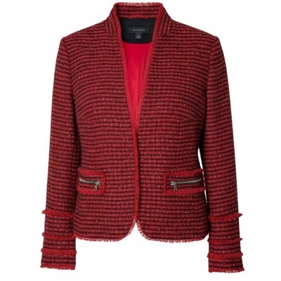 Blazer Ann Taylor Negro Rojo Flecos Tweed Chaqueta Detalle Cremallera Talla 10 Foto 1 de 4