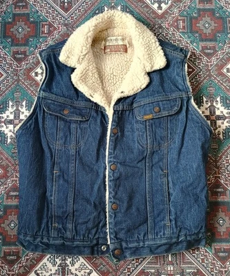 Vintage Roebucks Western Wear Denim Sherpa Vest Size 38R Blue White - Image 1 of 4