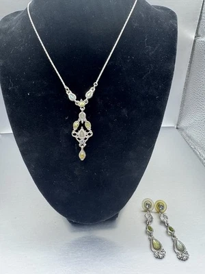 1928 Labeled Necklace And Earrings Set Silver Tone With Yellow, Green And Blue  - Image 1 of 4