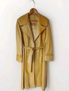 Vintage Country Pacer Women's Leather Trench Coat Basket Weave Long Sz 14 Pocket - Picture 1 of 17