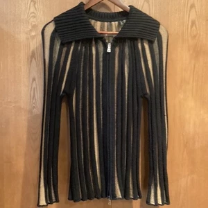 Ribbed Knit Cardigan Sweater Black/Tan Collar Long Sleeve 2 Pull Zipper Turkey - Picture 1 of 8
