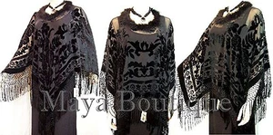 MAYA BLACK VELVET & FEATHERS TRIM PONCHO SHAWL TOP CAPE - Picture 1 of 1