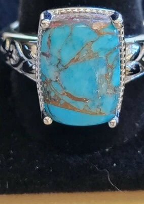 ANILLO TURQUESA NUEVO en PLATINO sobre cobre 7,1 quilates talla 10 unisex, filigrana Foto 1 de 4