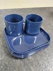 2 Vtg Ingrid Party Plastic Plates Blue w/cup holder. 2 unmarked blue cups