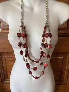 Vintage Lane Bryant Gorgeous Long 3 Strand, Amber Red, Multi-Shape Bead Necklace - Picture 1 of 5