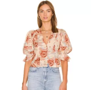 Free People I Found You Puff Sleeve V-Neck Button Front Floral-Printed Top NWT - Picture 1 of 13
