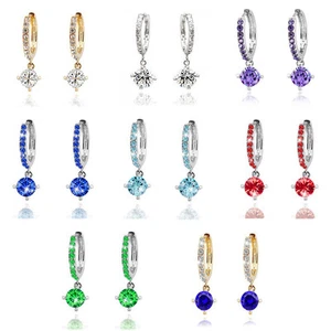 Blue Red Green White Gold Purple Women Hoops Huggies Stone Dangle Earrings - Picture 1 of 9