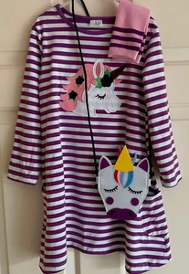 Girls Size XL (7) Unicorn Dress with Purse AND Socks Purple Striped Cotton NWOT - Picture 1 of 8
