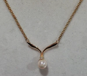✰Edle 14k Gelbgold 16" Halskette + Perle Tropfen Anhänger & Diamant Akzent 3,6 gr - Bild 1 von 5
