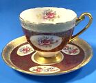 Shelley Gold Maroon Floral Bone China Tea Cup And Saucer England