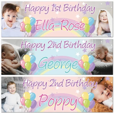 2 Personalised birthday banner photo balloon baby kid star balloon rainbow party - Image 1 of 2