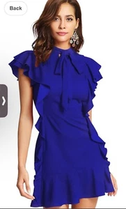 Vestido Azul Cuello Atado Para Mujer Talla S Calce y Acampanado Volantes Cóctel Midi Fiesta Ocasión - Imagen 1 de 6