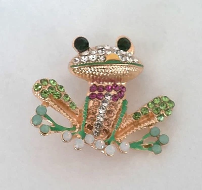 New Goldtone Enamel & Multi Crystal Green-Eyed Frog Pin Brooch - Image 1 of 4