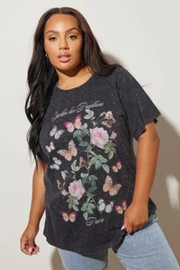 Yours Curve Women's Plus Size Acid Wash Floral Slogan T-Shirt - Picture 1 of 28