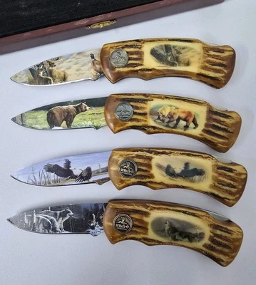 Juego de cuchillos Maxam Wildlife West Collection - 4 cuchillos de bolsillo plegables con estuche de madera Foto 1 de 4