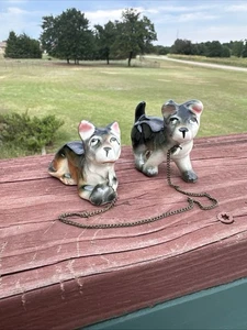 Vintage Dog Puppies Chained Together Handpainted Japan MCM Set Of 2 - Picture 1 of 12