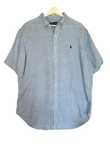 Ralph Lauren Shirt Mens L Blue Gingham Check 100% Linen S/S Classic VTG 90s - Picture 1 of 7
