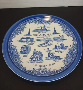 Vintage Oklahoma White Blue Collector's Plate Souvenir Indian Store Sallisaw 9½" - Picture 1 of 8