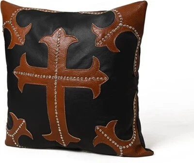 MOUSM Zippered Style Cushion Case Cover- Black/Tan Top Grain Genuine Leather - Image 1 of 4